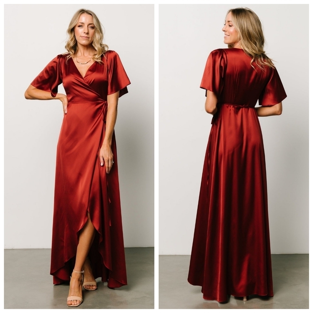 Baltic Born Vara Terracotta Satin Maxi Wrap Dress